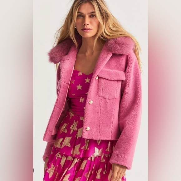 LoveShackFancy Musica Jacket in pink with Fox Fur Collar NWT - Picture 1 of 9